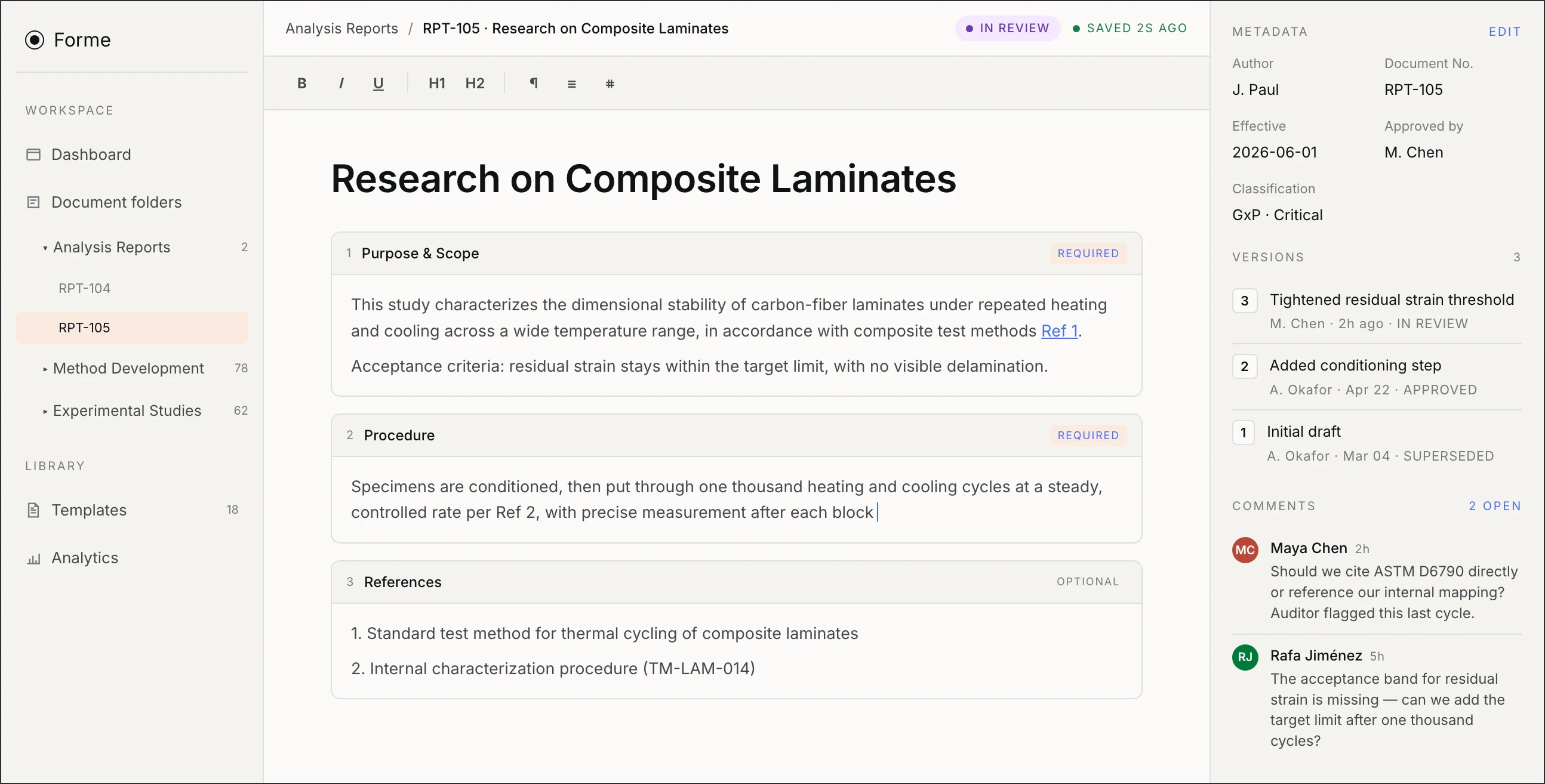 The Forme editor — a composite-laminates research report open in the three-pane workspace: folder sidebar, section-based document editor, and metadata panel.